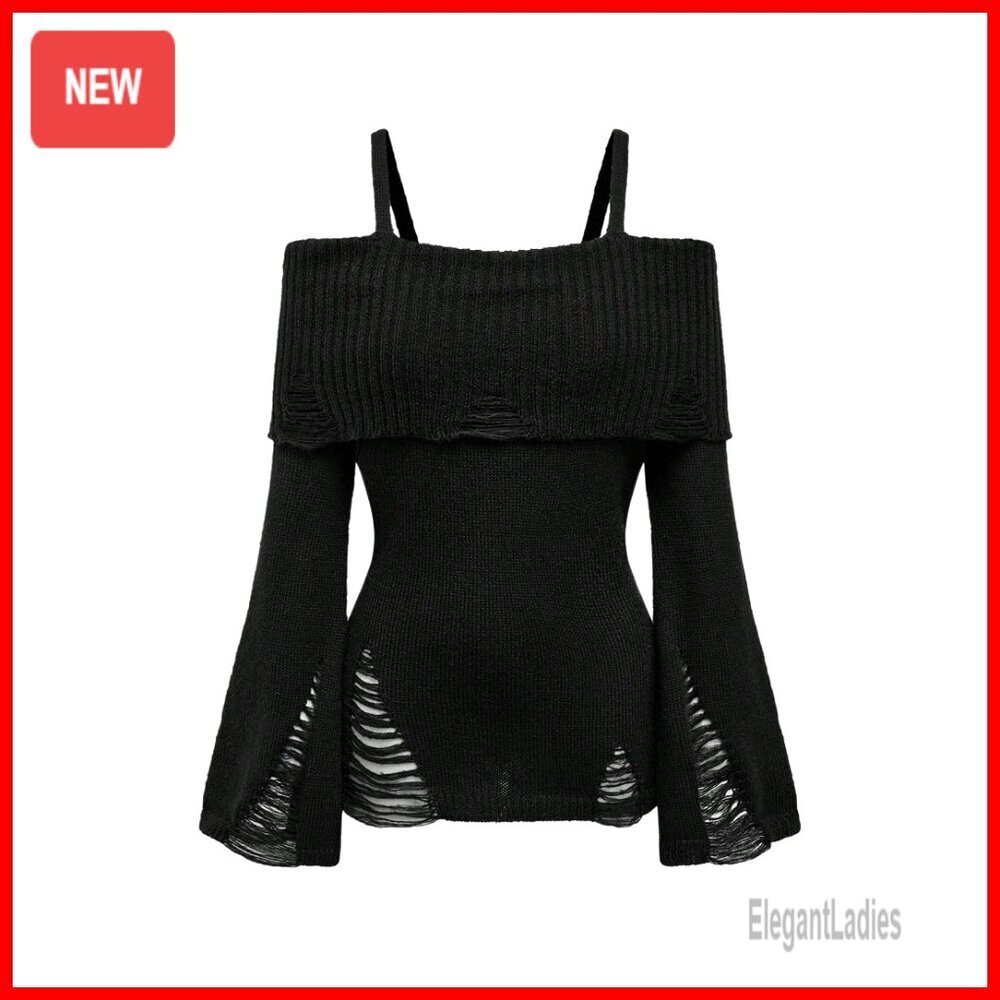 Cold Shoulder Ripped Sweater Long Sleeve Fitted Pullover Goth Punk Style